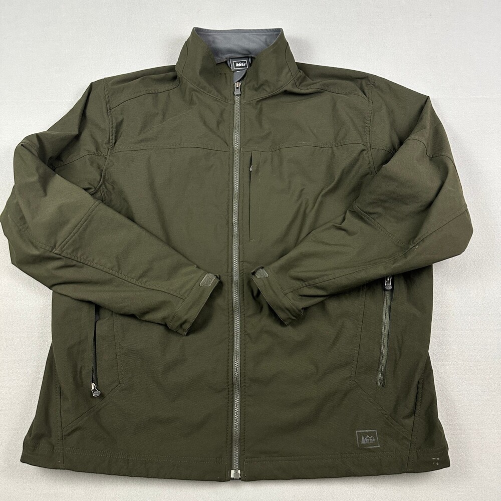 REI Jacket Men 2XL Olive Solid Windbreaker Softshell Zip Lining Hiking Outdoor *